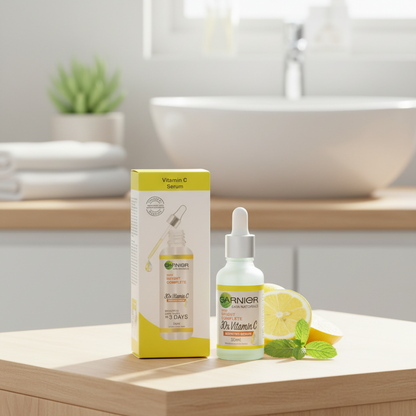 Garnier Vitamin C serum bottle and packaging on a bathroom counter with lemon and mint leaves.