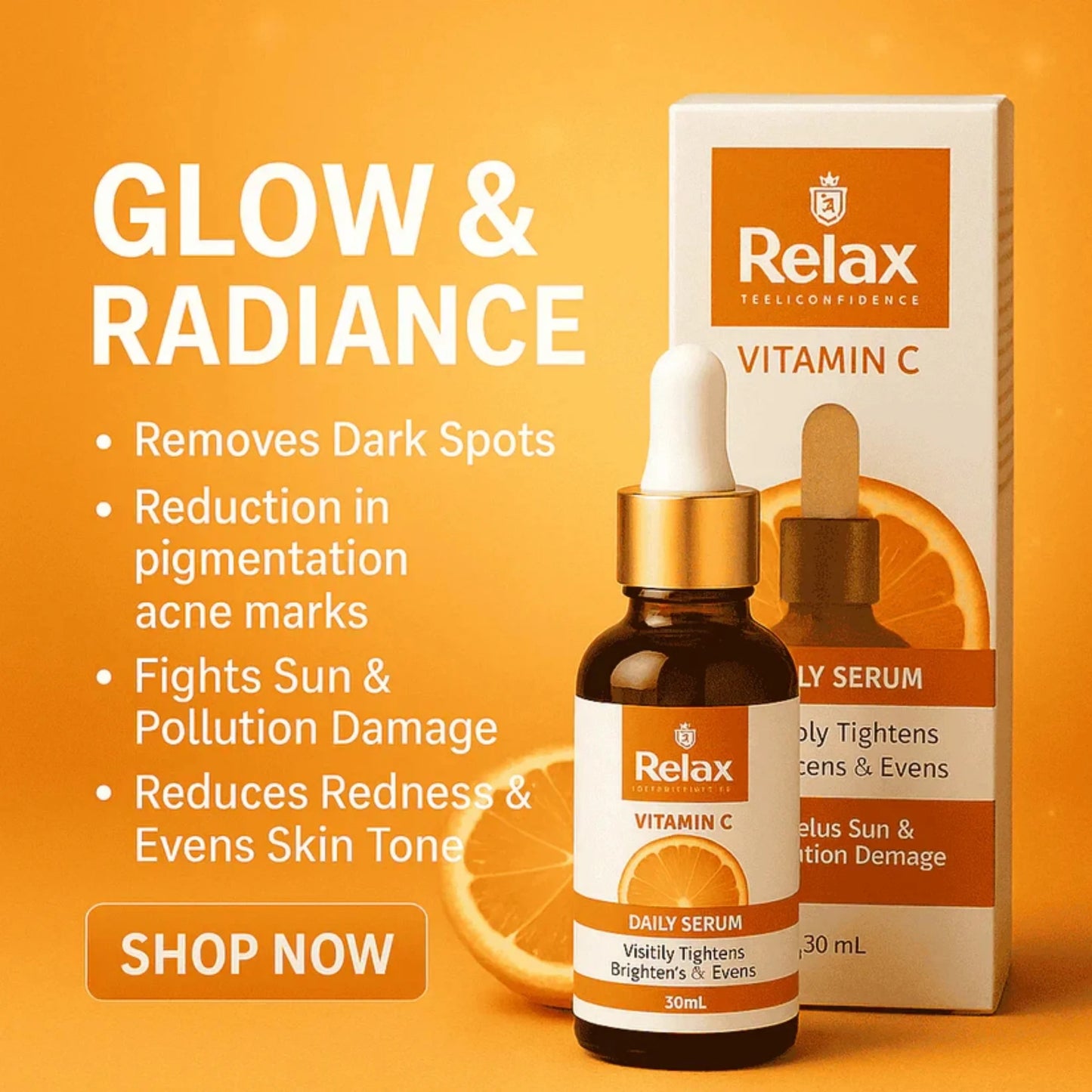 Relax Vitamin C daily serum with packaging on an orange background