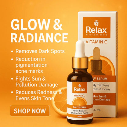 Relax Vitamin C daily serum with packaging on an orange background